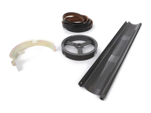 A collection of mechanical parts, including a brake pad, belt, pulley wheel, and a perforated metal piece from the AGCO Edible Bean Kit - Acw2094980, arranged on a white background. No current product description information is available for these items.