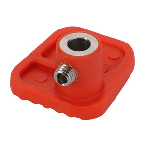 The AGCO Foot Rest - Acp0671920 is a versatile red plastic and metal fitting featuring a central threaded hole and an additional threaded side port, making it ideal for industrial or mechanical applications.