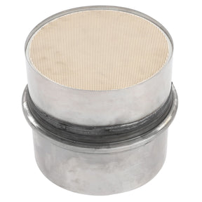 A cylindrical, metallic catalytic converter with a grid-like honeycomb structure is shown. Identified as the AGCO | Dpf Mounting Bracket - S220Pf153002A, this device from the renowned brand AGCO is typically used in automotive exhaust systems to minimize harmful emissions.