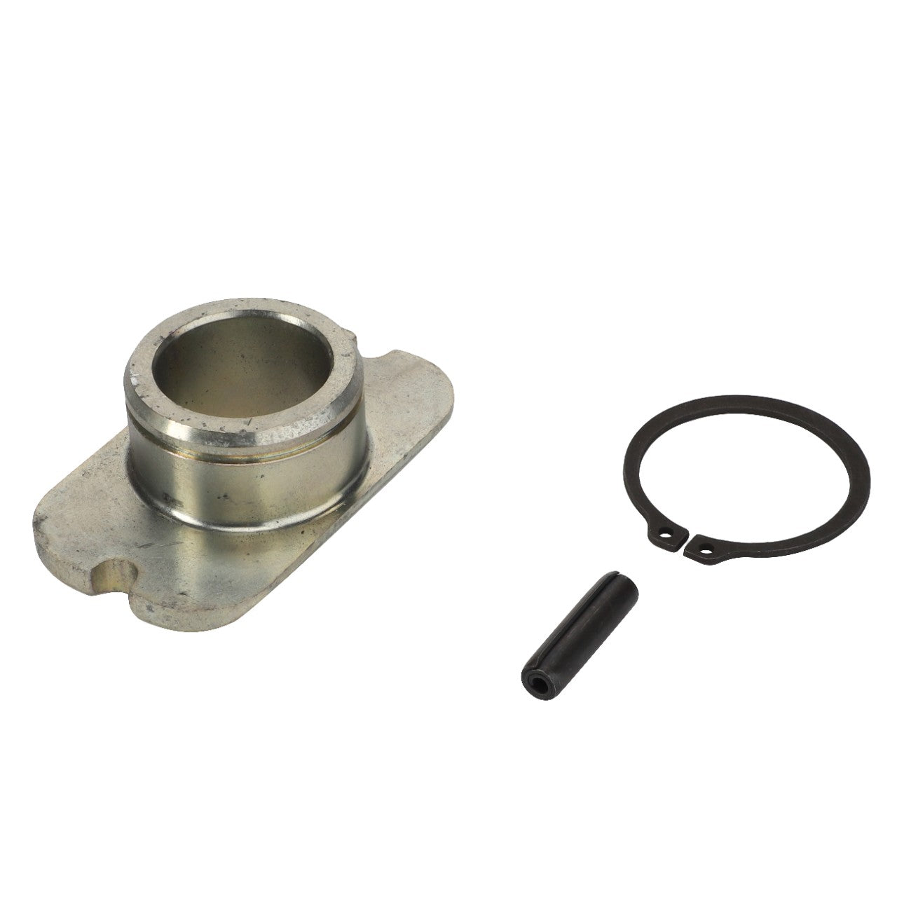 A cylindrical metal component with a flange, an O-ring, and a small black rod, all vital linkage components branded as AGCO Clevis Bolt Bush for Trailer Hitch (F416500070130), are carefully arranged on a white background.