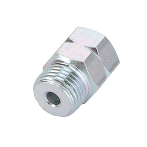 The AGCO ADAPTER - D43009600 is a hexagonal stainless steel metal fitting with threaded ends, designed for connecting pipes or hoses. It features a centrally located hole for efficient fluid flow.