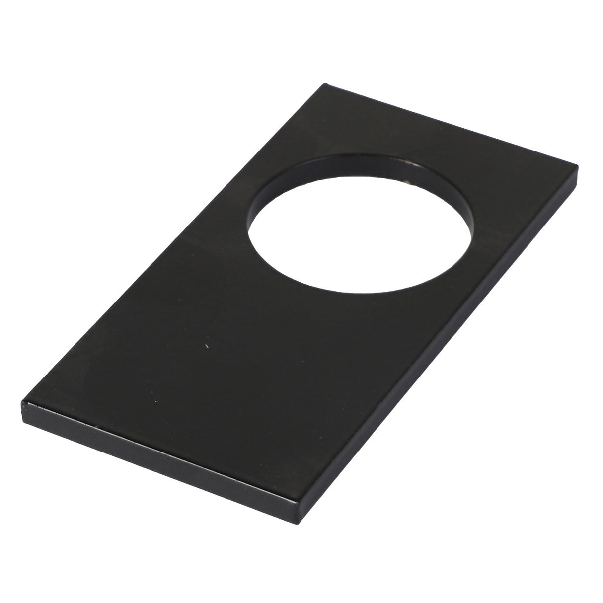 The AGCO | PLATE - E70133 by AGCO is a sleek black rectangular metal plate featuring a circular cutout in the center, seamlessly blending functionality and design.