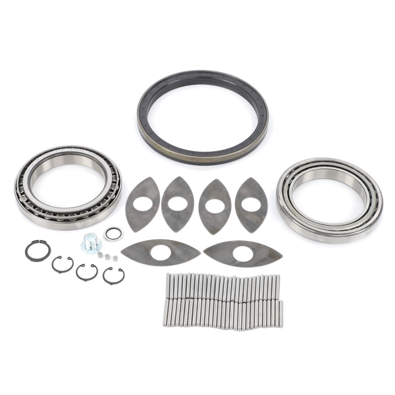 An assortment of metal mechanical components, such as bearings, washers, clips, and small cylindrical pins from the AGCO Bearing Kit - Acp0316250 by AGCO, displayed on a white background. No current product description available for this product.