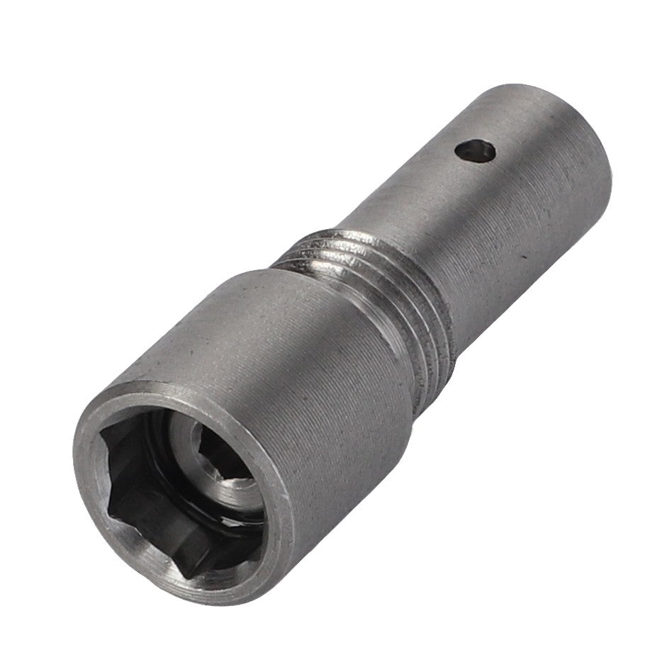 Close-up of the AGCO Pressure Relief Valve - Acx2522170, a cylindrical, metallic component featuring a grooved middle section and a hexagonal socket end, designed for integration in hydraulic circuits.