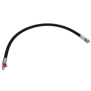 The AGCO Hydraulic Hose - Acw180410A is a flexible black hose featuring durable metal connectors at both ends, one marked with a red ring and the other with a blue ring.