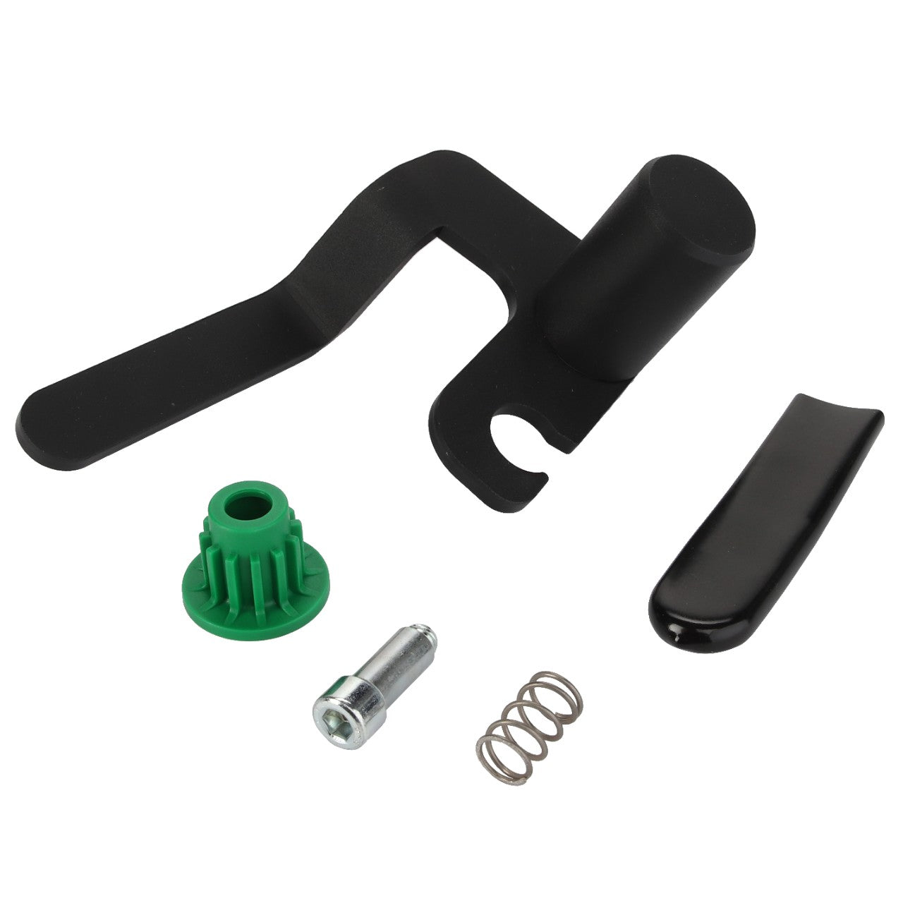 Close-up of several machine components, including a black lever, a green plastic piece, a small metal spring, a screw, and a black cover. Product: AGCO | LOCKING PIN - AL5221476 by AGCO.