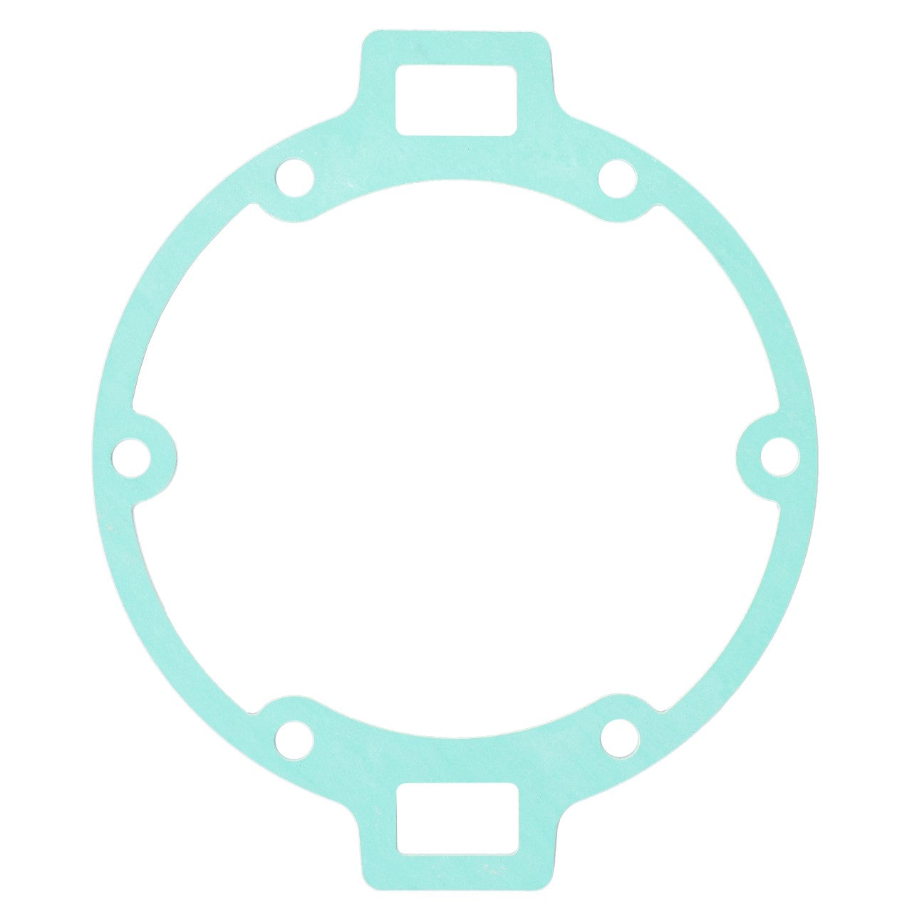 The AGCO Seal, Transmission Housing Filter - F180100050040 is a thin, light blue, circular gasket featuring four equally spaced holes and rectangular tabs extending from the top and bottom to ensure genuine seals for optimal performance.