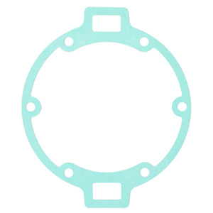 The AGCO Seal, Transmission Housing Filter - F180100050040 is a thin, light blue, circular gasket featuring four equally spaced holes and rectangular tabs extending from the top and bottom to ensure genuine seals for optimal performance.