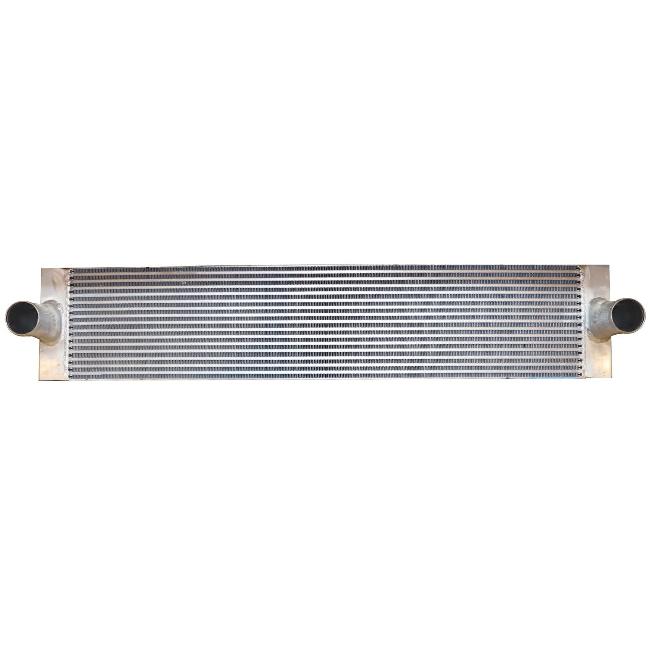 The AGCO Air Cooler - Acw0485820 is a rectangular metal heat exchanger that features two black cylindrical connectors at its ends and multiple horizontal fins, designed for both cooling and heating applications. Currently, there is no detailed product description information available.