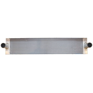 The AGCO Air Cooler - Acw0485820 is a rectangular metal heat exchanger that features two black cylindrical connectors at its ends and multiple horizontal fins, designed for both cooling and heating applications. Currently, there is no detailed product description information available.