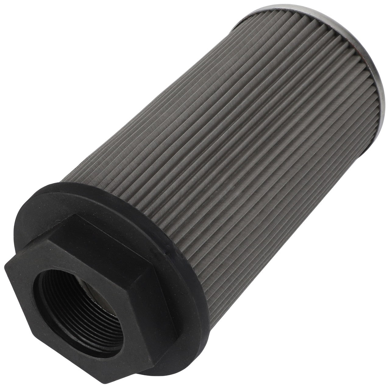 The AGCO SCREEN - ACW7052810 is a cylindrical metallic filter with pleated sides and black plastic end caps, featuring a hexagonal fitting on one end. No additional information available about its current product description.