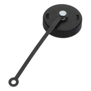 The AGCO | SEALING CAP - AG520318 by AGCO features a sleek black rotary dial, complemented by a long, slender arm at its center with a circular hole at the end of the arm.