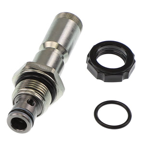 A metal hydraulic valve with threaded ends, an attached hex nut, a black O-ring, and a separate black plastic cap placed on a white background. Product: AGCO | Valve - Acp0437450 by AGCO. No current product description available.