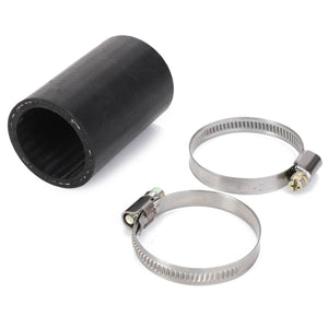 A black rubber hose and two metal hose clamps from the AGCO Hose, Kit For Coolant - 3637257M91, suitable for Fendt models, placed side by side on a white background.