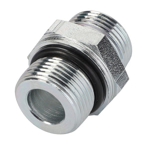 The AGCO | Connector Fitting - Acw4998340 is a metallic pipe coupling connector featuring threaded ends and a black rubber O-ring in the middle.