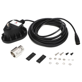 The AGCO SENSOR - AG426253 kit includes a black wired sensor, a metallic cylindrical housing, two black mounting brackets, various screws, washers, and a connector cable. Further product description information is currently unavailable.
