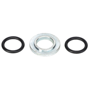 The AGCO SEAL KIT - AL4500023, featuring a metal washer centrally positioned between two black O-rings, is displayed against a pristine white background.