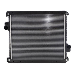 A close-up view of the AGCO Radiator - Acw0397130, showcasing multiple horizontal metal fins and coolant inlets at the top left and bottom right corners. Please note that there is no additional product information provided.