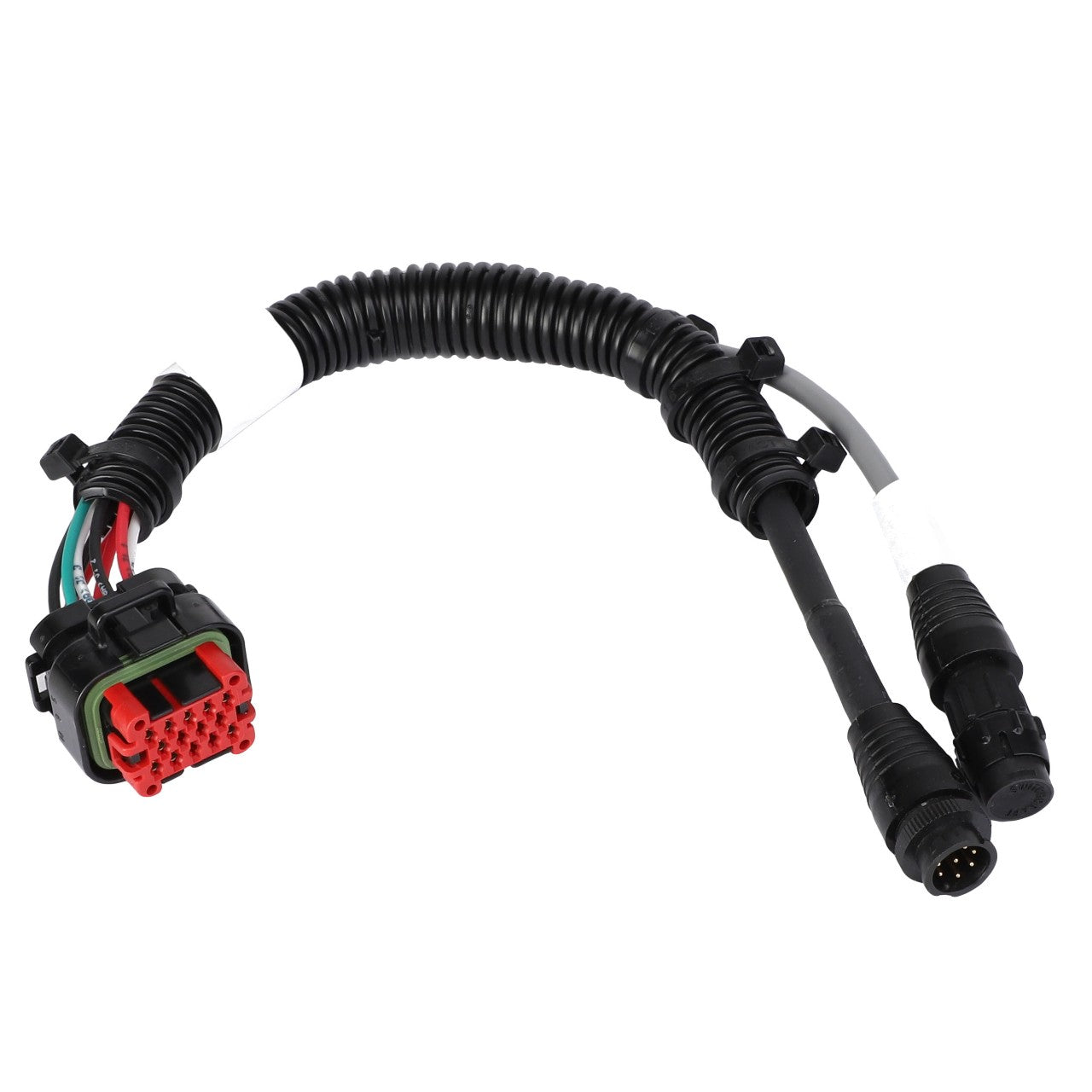 The AGCO Adapter Wire Harness - Acw8548090 is a black automotive wiring harness featuring multiple connectors, including a red 12-pin connector and two black cylindrical connectors. Brand information is available, but no further product description details are provided.