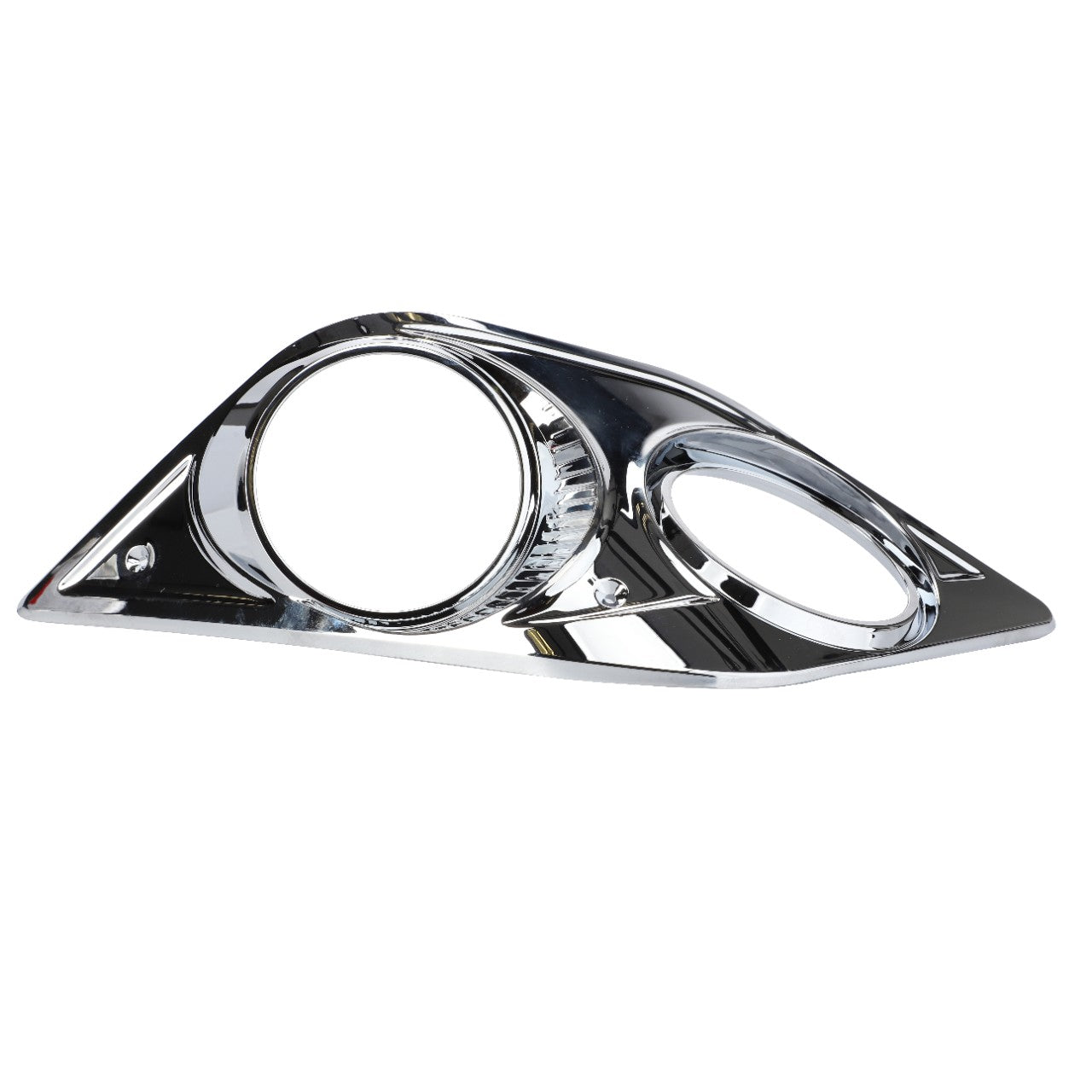 Close-up of the AGCO Bracket, Headlight - 737500021420: a shiny, chrome-plated, triangular car headlight bezel featuring two circular openings for lights, reminiscent of the quality seen in Fendt Vario Models.