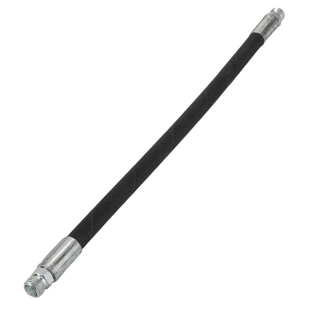 The AGCO hydraulic hose, model Acw2281100, is a durable black flexible hose equipped with metallic connectors on both ends, designed for efficient fluid transfer or high-pressure applications.