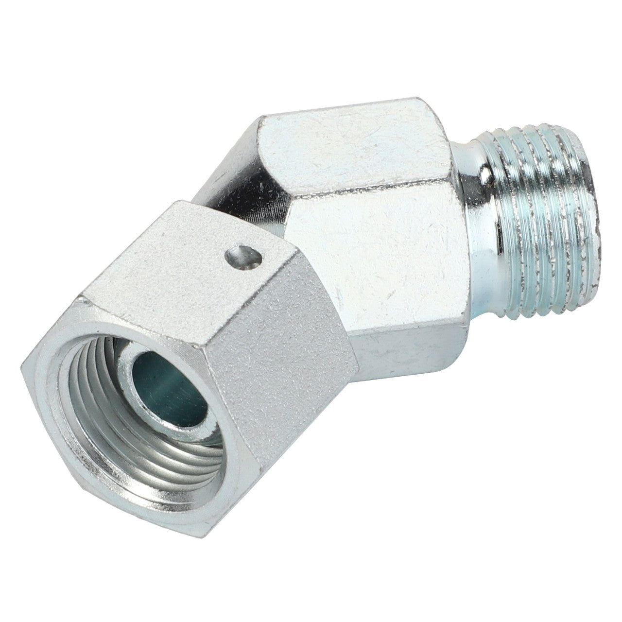 The AGCO ADAPTER - AL1120107 is a hexagonal metal pipe fitting with a right-angled elbow, featuring both male and female threaded ends. No current product description information is available for this item.