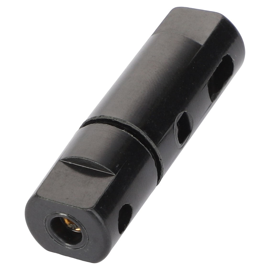 The AGCO | FUSE HOLDER - AL5024356 is a black cylindrical mechanical part featuring precise cutouts and a centered hole on each end. While specific product description information is not available, it appears to be made of metal.