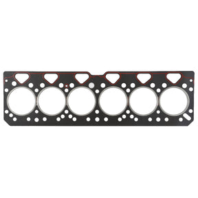 The AGCO | Cylinder Head Gasket - 4224955M1 is a flat metal engine head gasket featuring six circular openings and multiple small holes for bolts and fluid passages, compatible with Valtra, Fendt, and Massey Ferguson models.