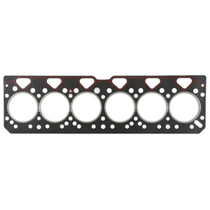 The AGCO | Cylinder Head Gasket - 4224955M1 is a flat metal engine head gasket featuring six circular openings and multiple small holes for bolts and fluid passages, compatible with Valtra, Fendt, and Massey Ferguson models.