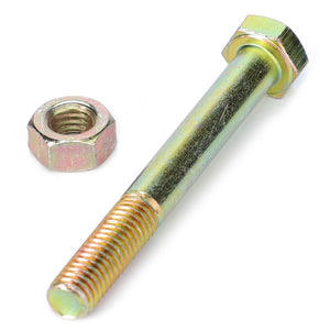 A metallic bolt with a hexagonal head and matching hex nut placed beside it. The bolt, identified as AGCO Hexagonal Bolts, Transmission, Unloading Auger - D40464600 from the brand AGCO, has partial threading at one end. No current product description information is available for further details.