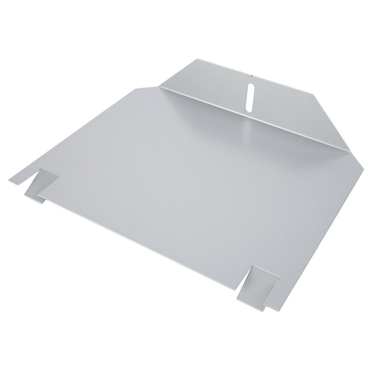 No product description is available, but envision the AGCO Closing Plate - La320404750 by AGCO: a silver, rectangular metal sheet with raised, angular edges and a central slot for hanging or attachment.