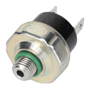 The AGCO | FREON PRESSURE SWITCH - AG607237 is a metal and plastic automotive sensor that features a threaded port and two electrical connectors; currently, no product description is available.