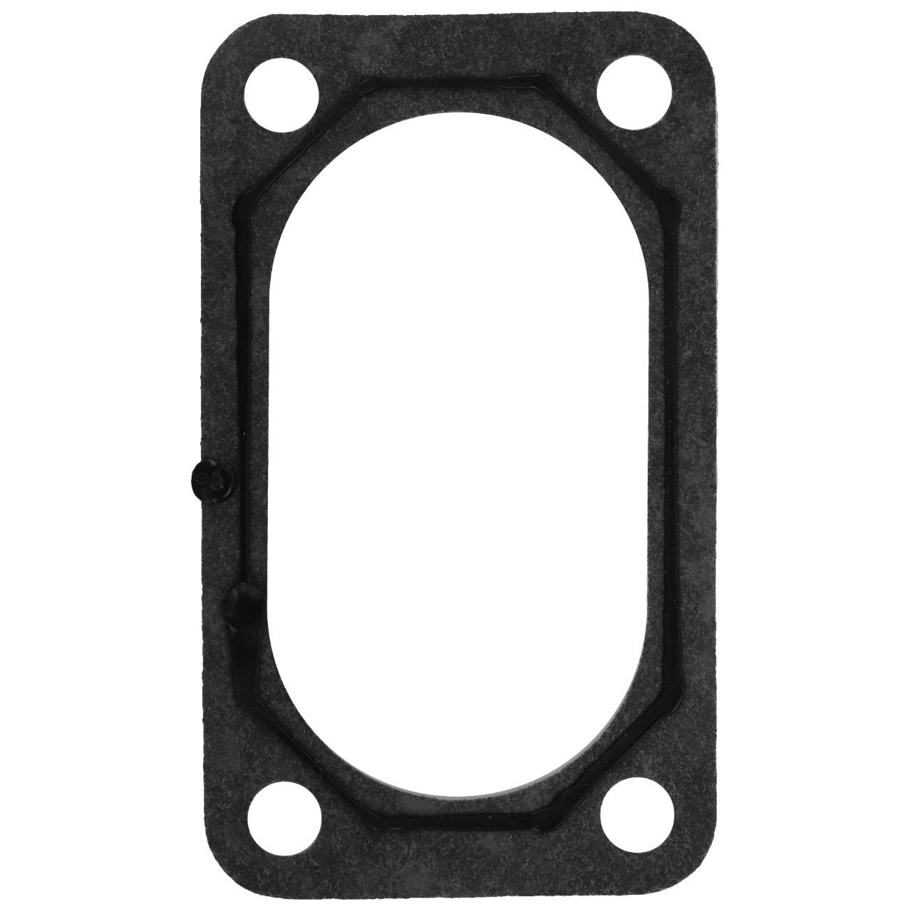 Introducing the AGCO | Gasket - V836138975 by AGCO: a rectangular black gasket featuring four circular holes at the corners and an oval-shaped opening in the center.