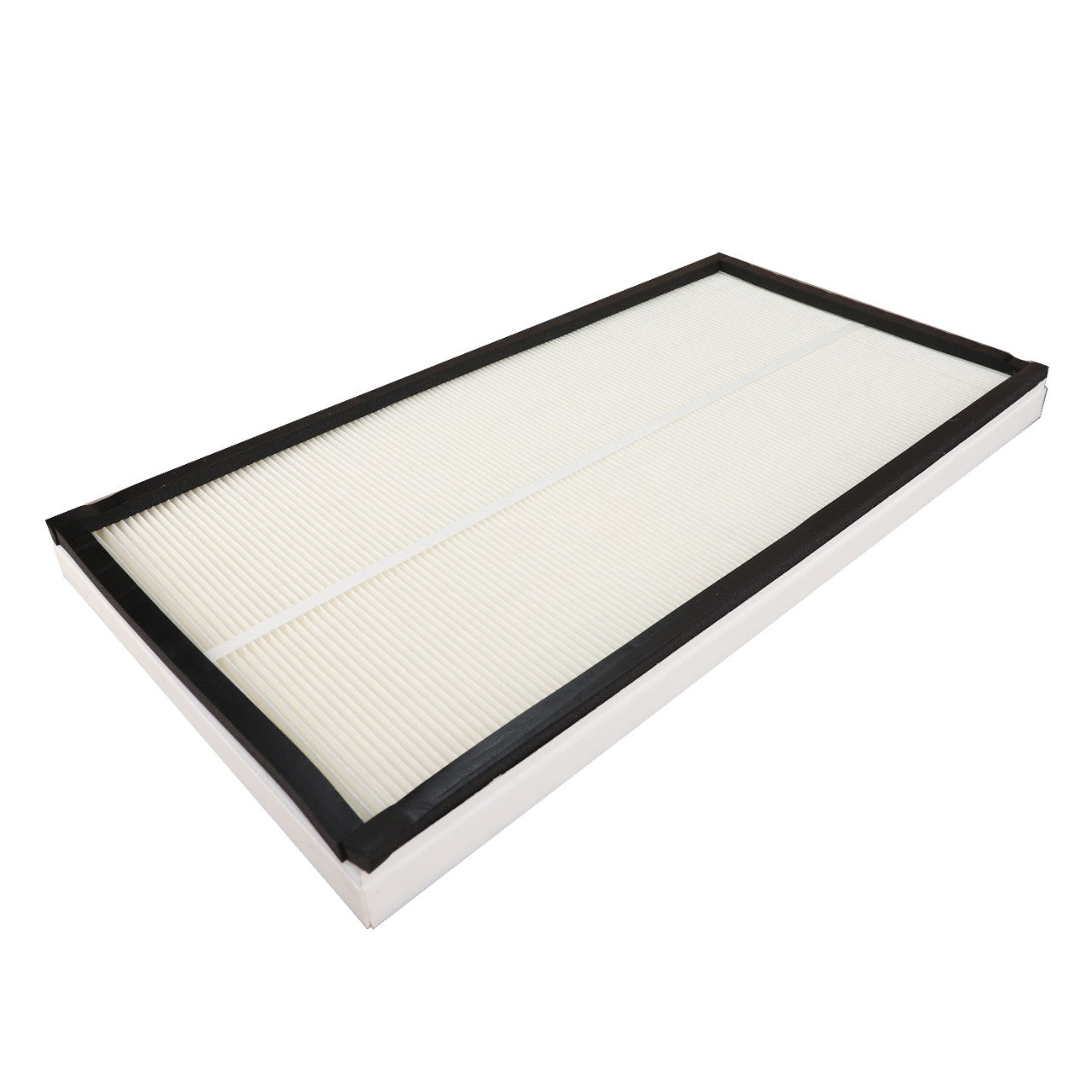 A rectangular AGCO Cab Filter Cartridge - D28980100 featuring a white pleated surface and a black frame, designed for optimal air circulation and placed on a white background.