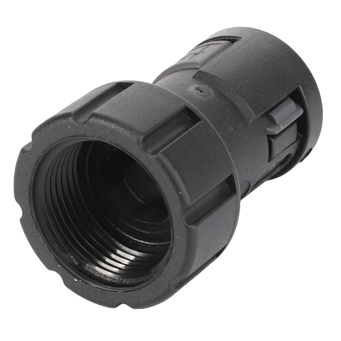 No current product description information available, but the AGCO Connector Cover - D45010040 boasts a textured grip and cylindrical shape in its black plastic threaded pipe connector design.