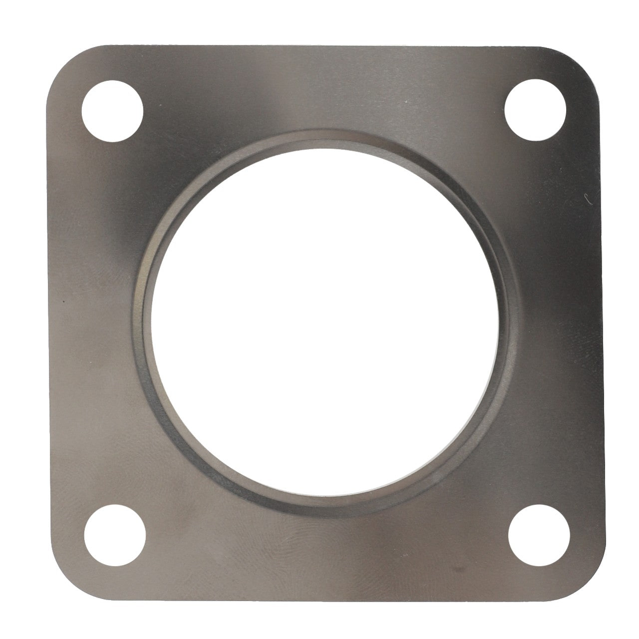 The AGCO Seal - F119202090050 is a square metal gasket featuring a circular hole in the center and four bolt holes, one in each corner.