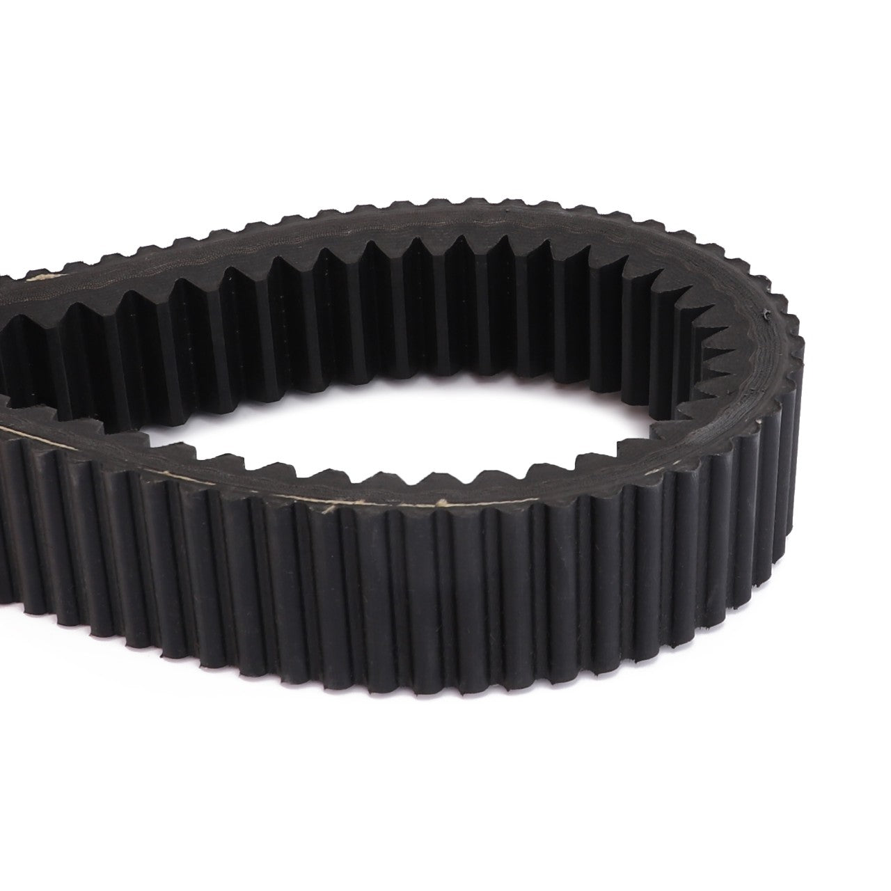 Close-up of the AGCO Drive Belt, Rotor Variator Drive - D41980500 in black, featuring evenly spaced teeth and forming an oval loop against a white background, engineered for optimal performance and noise reduction.