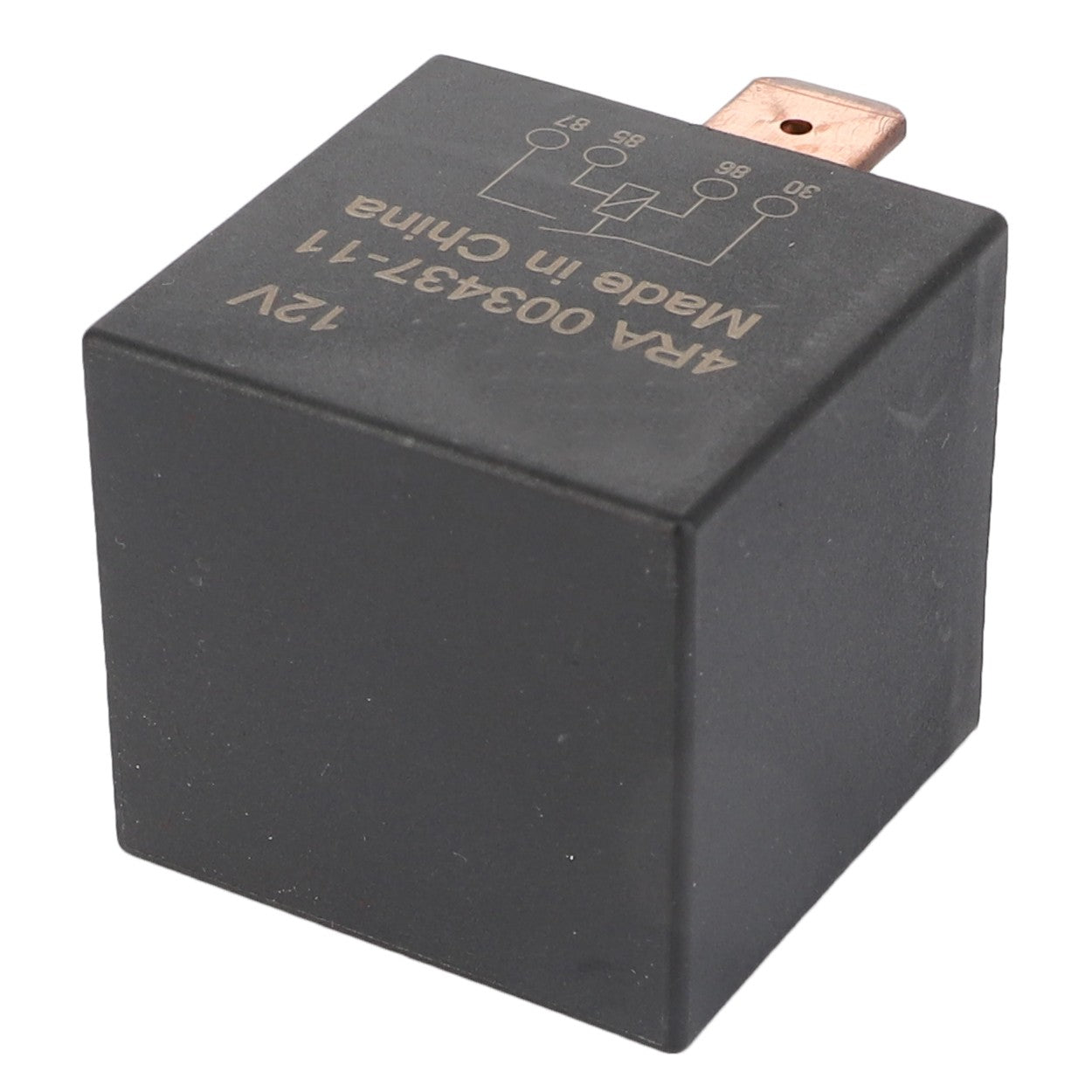 The AGCO Relay 12V - Acx2606460 in black, featuring copper terminals and clear labeling that includes a wiring diagram and "Made in China" text on the top surface, ensures machinery reliability. This vital electrical part is crucial for your system's performance.