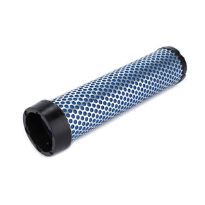 A cylindrical, blue and white perforated metal filter with black plastic ends, the AGCO | Engine Air Filter Cartridge - 0.010.2094.0 by AGCO is known for its high filtration efficiency. Ideal for modern engines, this AGCO Genuine Air Filter Cartridge ensures optimal performance.