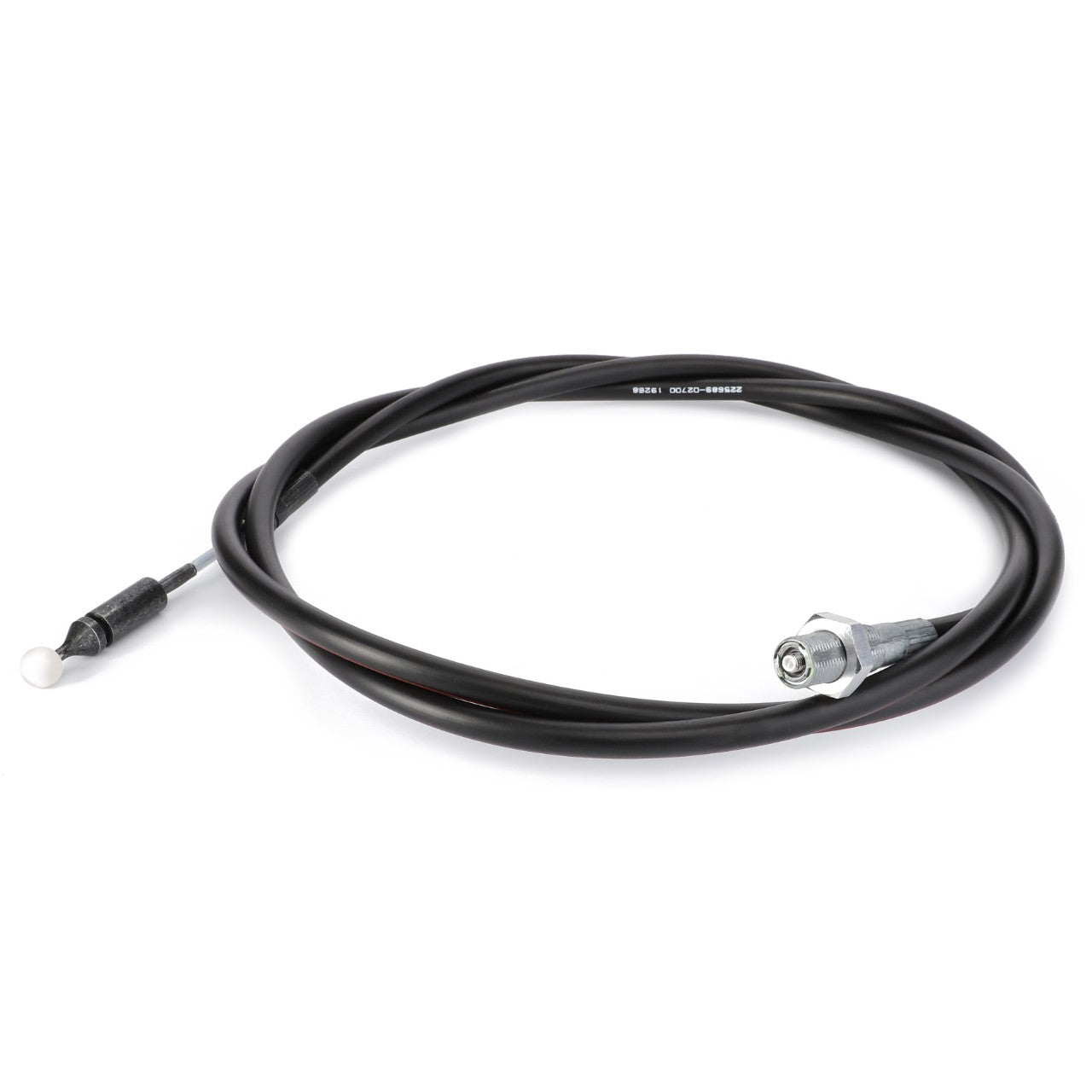 An AGCO Cable, Front Loader - Acp0206000 with metal connectors on both ends, coiled in a circular shape against a white background, compatible with Massey Ferguson models.