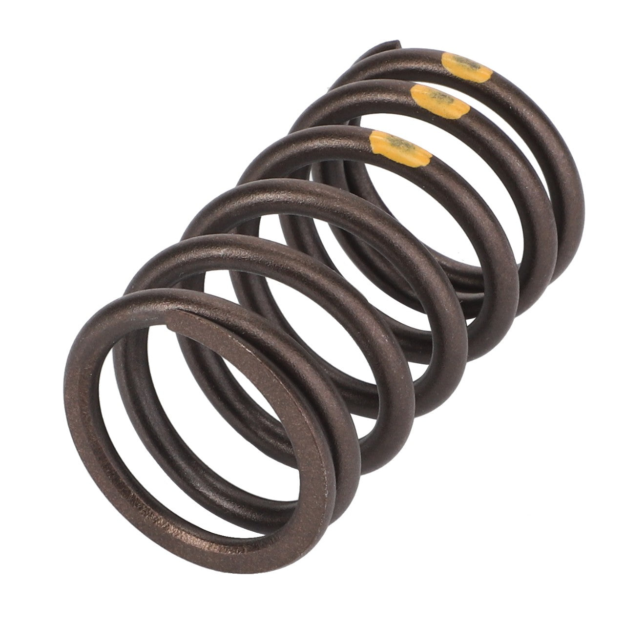 A close-up image of the AGCO Compression Spring - F100003369305, featuring dark-colored coiled metal with yellow paint markings on two of its coils. No current product description available.