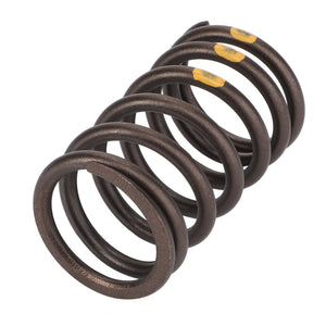 A close-up image of the AGCO Compression Spring - F100003369305, featuring dark-colored coiled metal with yellow paint markings on two of its coils. No current product description available.