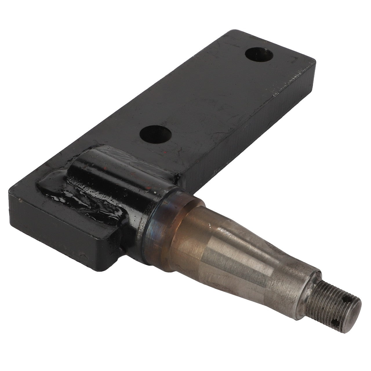 AGCO | Axle Spindle - Acp0016320 features a metal component with a rectangular base that includes two holes and a protruding cylindrical spindle with a threaded end.