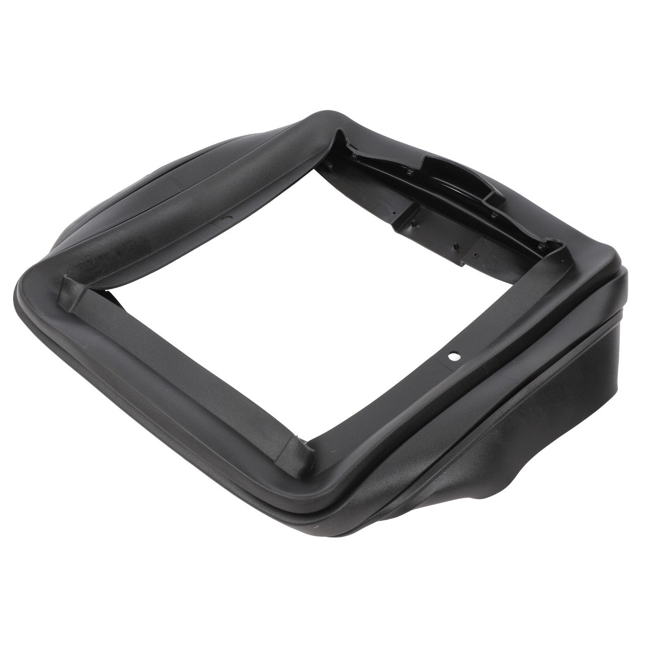 The AGCO BELLOWS - F931502030830 is a black, rectangular plastic car part featuring a square cutout center and slightly raised edges, possibly designed to serve as a console or shifter trim bezel. No additional product description information is currently available.