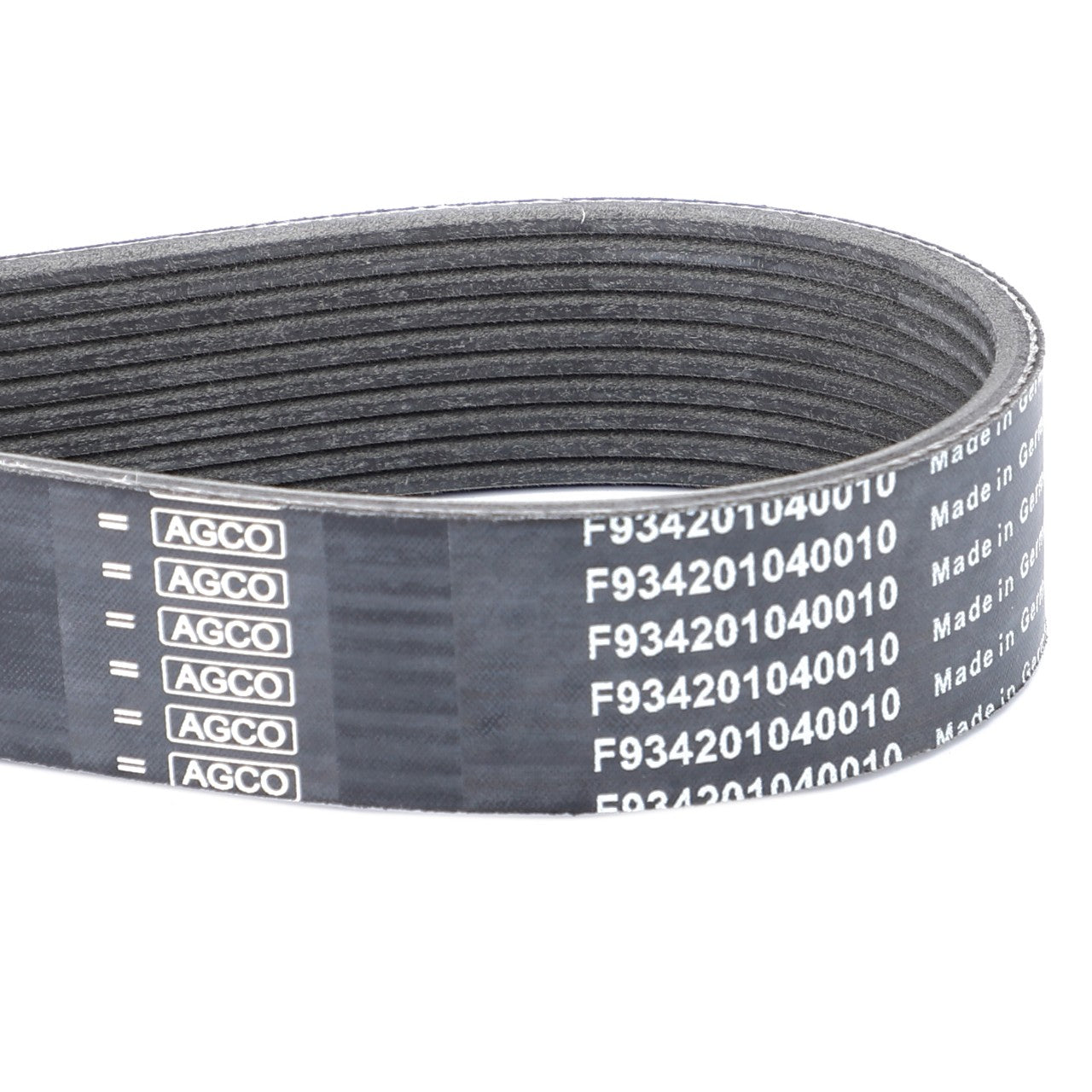 The AGCO Serpentine Belt, featuring a PK10 profile and marked with "Made in Germany," is compatible with Fendt Vario and Massey Ferguson models. The product code is F934201040010 and it's an authentic AGCO component.