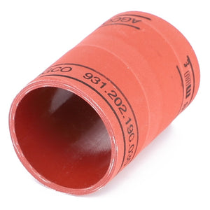 A red cylindrical AGCO silicone hose for air, model 931202190030, featuring printed markings with numbers and letters, crafted for reliable performance using reinforced silicone material.