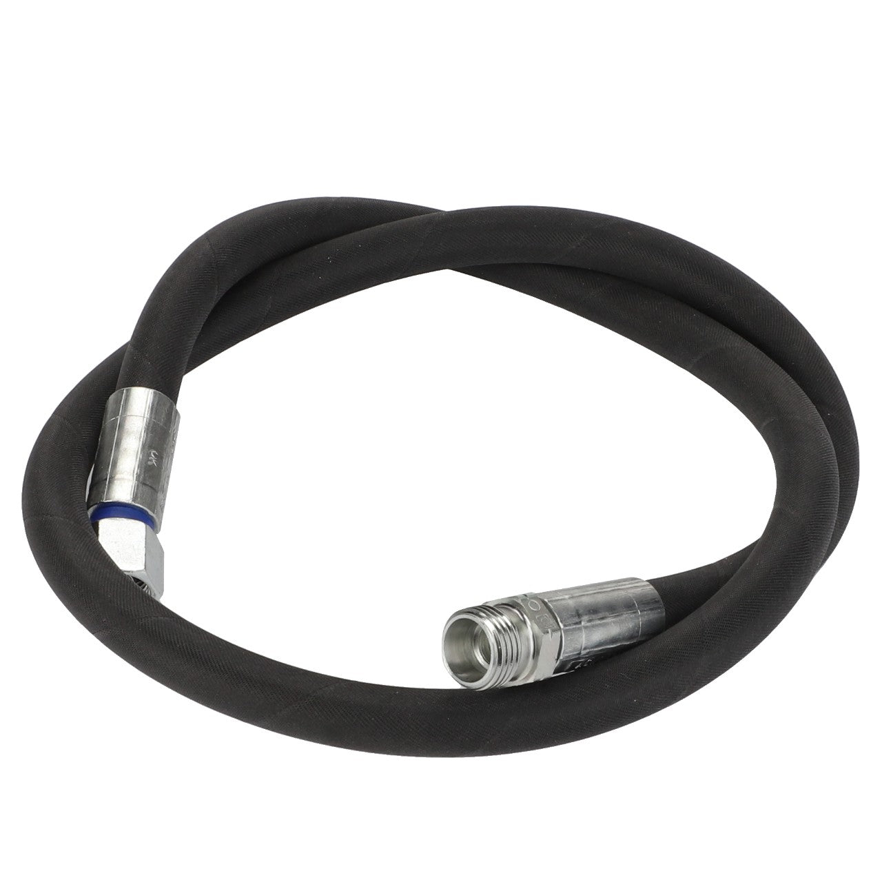 The AGCO Hydr. Hose - Acw0050050, a coiled black hydraulic hose featuring metallic connectors at both ends, is an essential part of any hydraulic system. Unfortunately, no current product description is available for additional specifications.