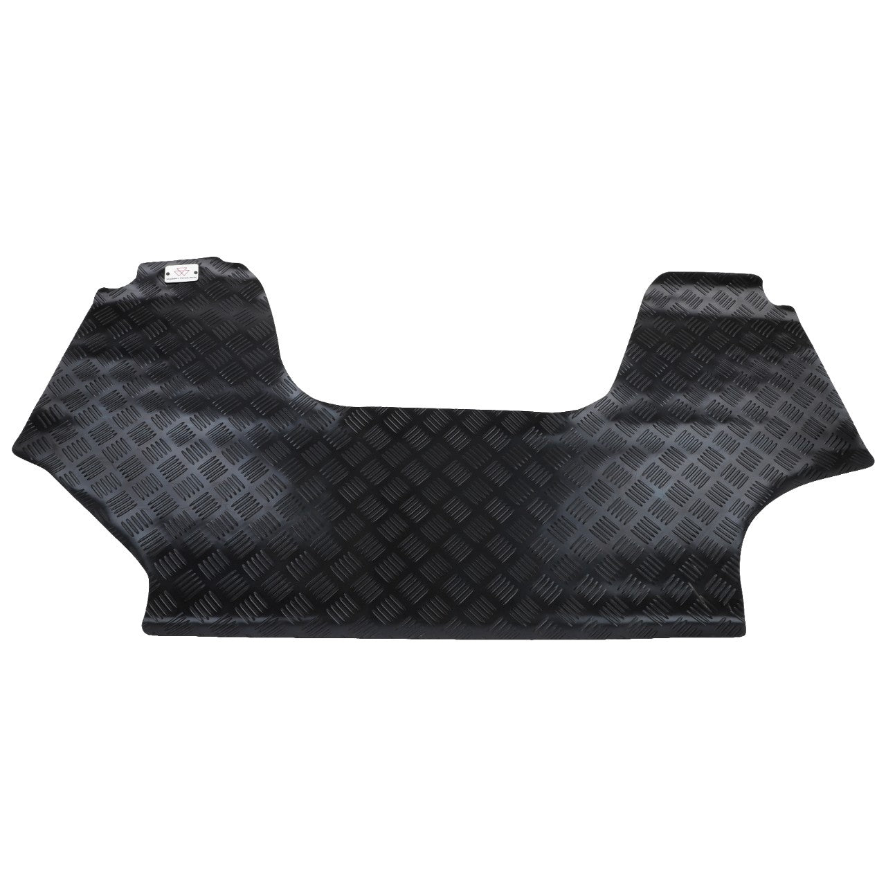 The AGCO Floor Mat - Acp0621340, by AGCO, is a textured black rubber mat featuring a diamond plate pattern, expertly designed to fit around vehicle seats in Massey Ferguson models.