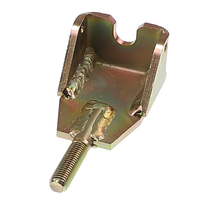 Product Description: The AGCO Stopper Plate - Acw0600400 is a metal bracket featuring a threaded bolt attached to its base and weld joints on the inner sides.