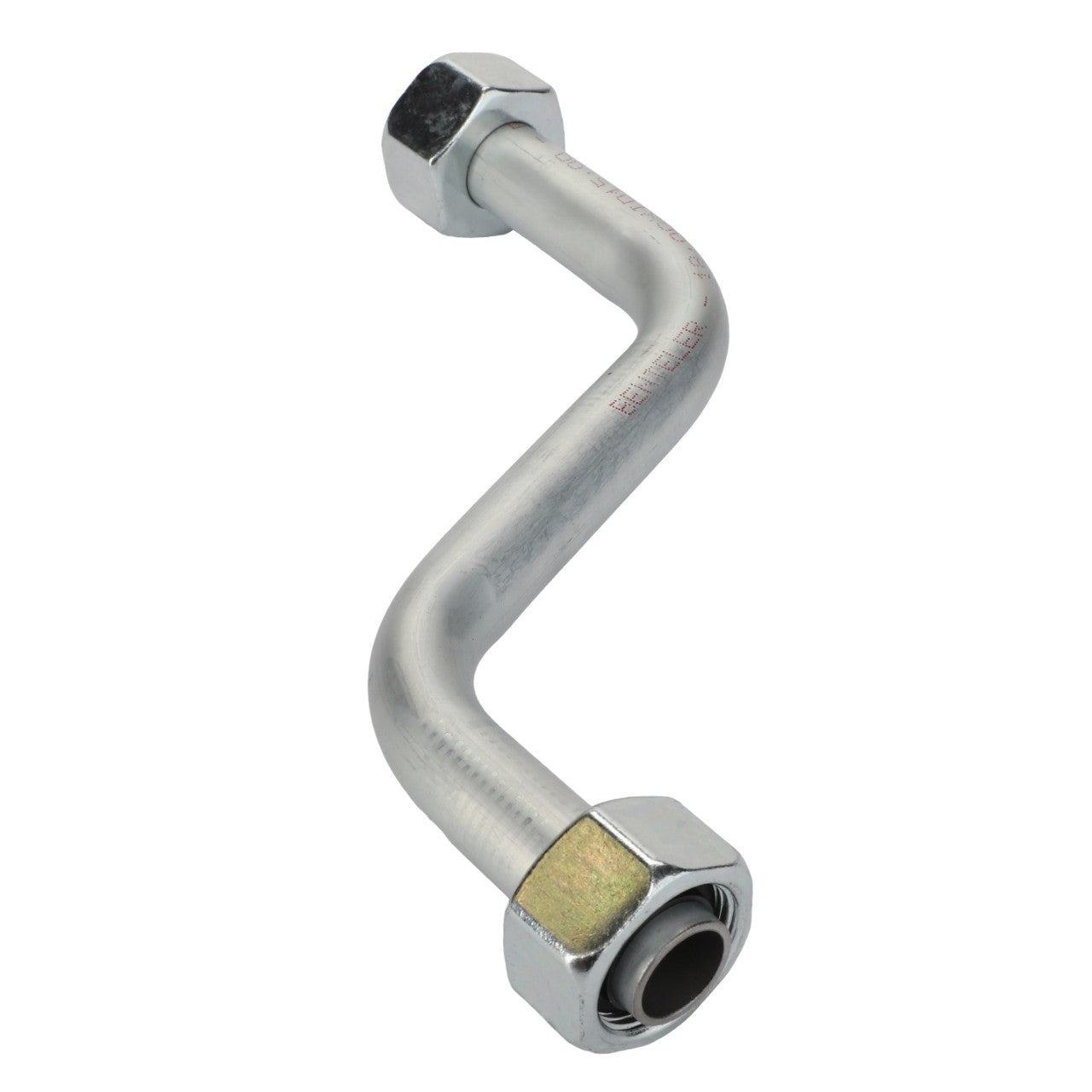 The AGCO | Pipe - Acp0670380, a bent stainless steel pipe with hexagonal nuts on both ends, serves as a reliable connector in various piping systems.